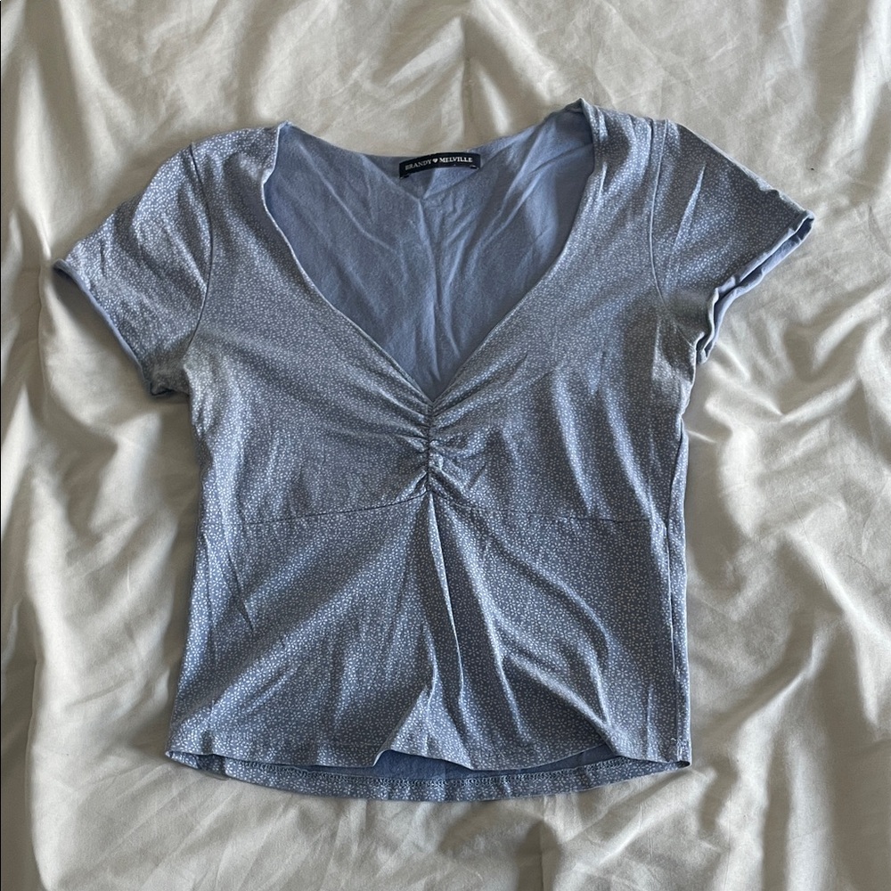Brandy Melville Light Blue Ruched Short Sleeve Top
